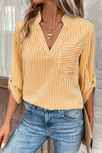 Striped Notched Roll-tab Sleeve Shirt (7)