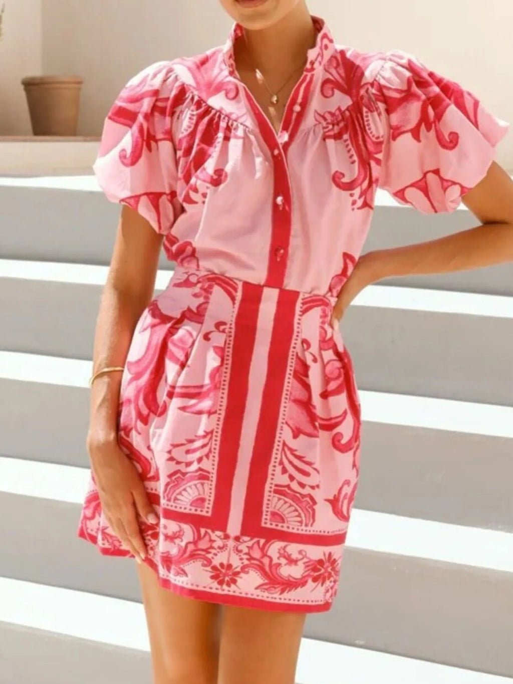 Printed Puff Sleeve Top Skirt Set (19)