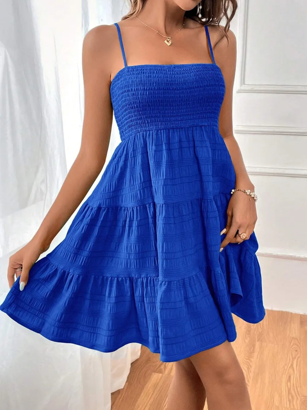Smocked Tiered Sleeveless Mini Dress (3)