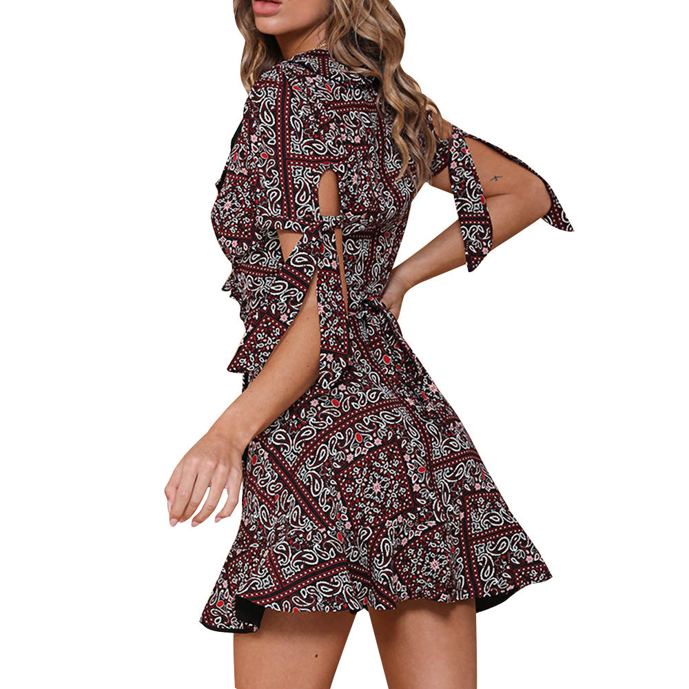V-neck Short Sleeve Printed Skirt Dress photo 14