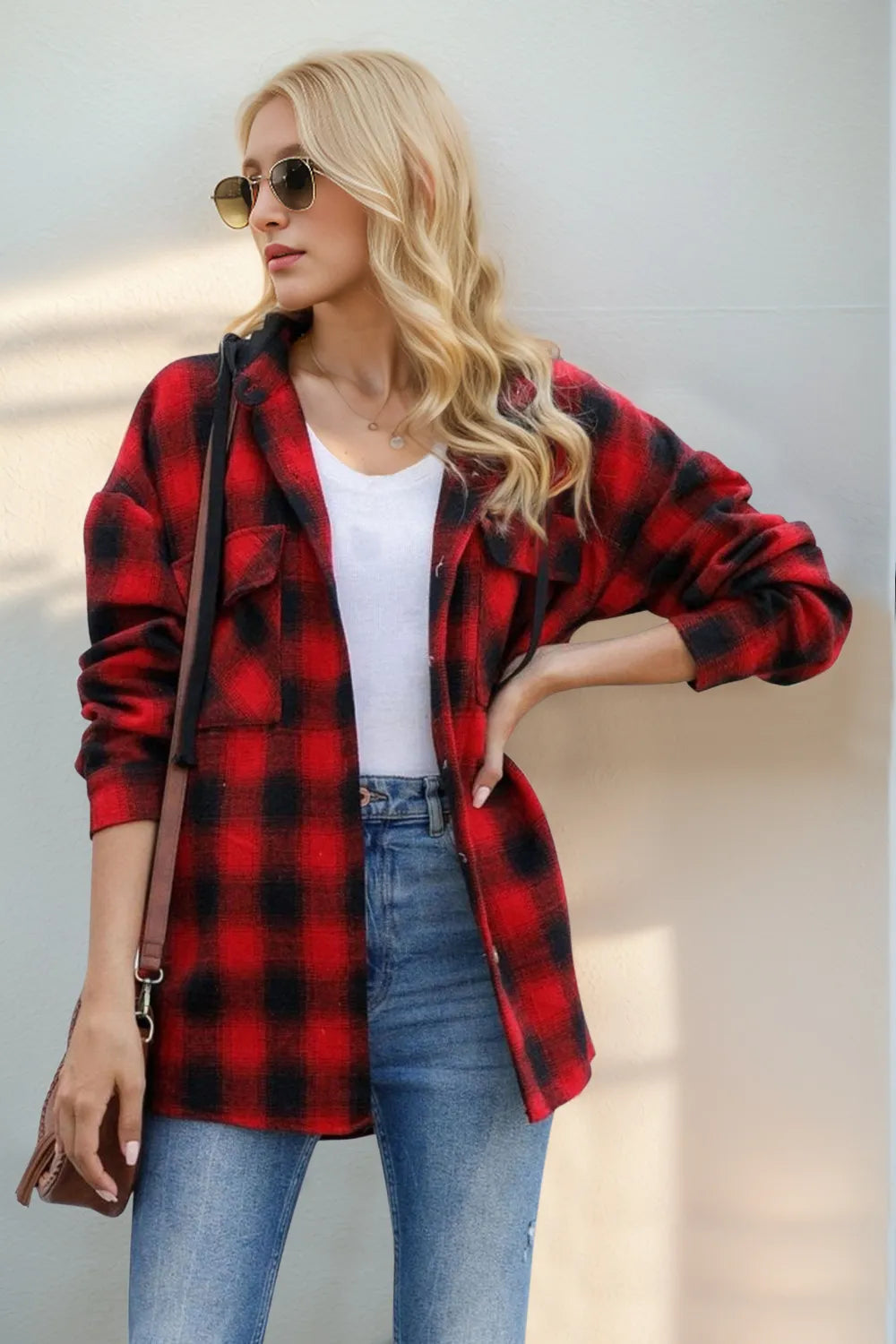 Drawstring Plaid Long Sleeve Hooded Shacket (6)