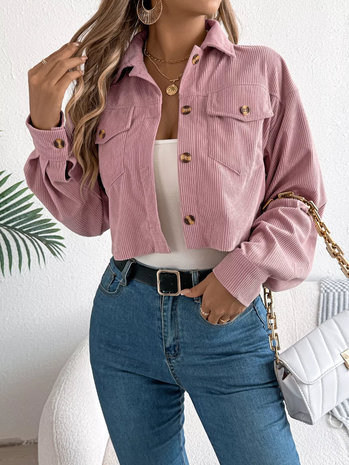 Corduroy Button-up Dropped Shoulder Jacket (9)