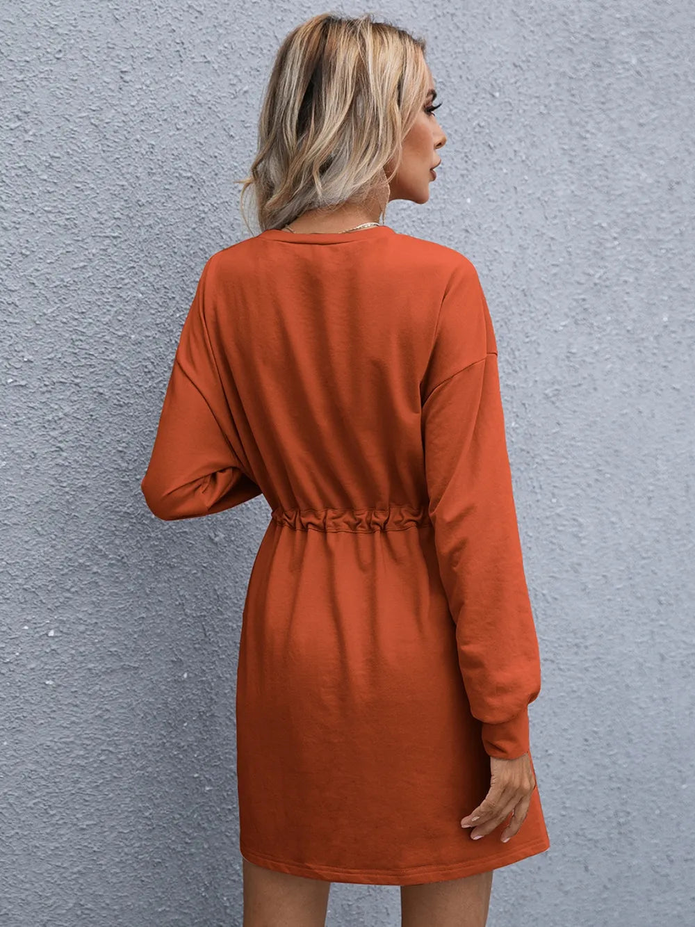 Drawstring Round Neck Dropped Shoulder Mini Dress (2)
