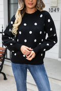 Woven Right Polka Dot Round Neck Dropped Shoulder Sweater (5)