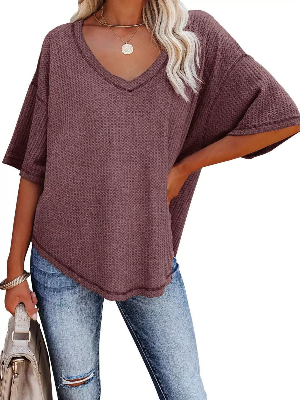 Waffle Knit V-neck Short Sleeve T-shirt (24)