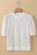 White Broderie Anglaise Puff Sleeve Waffle Knit Tee variant CJQB241835401AZ|CJQB241835402BY|CJQB241835403CX|CJQB241835404DW