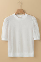 White Broderie Anglaise Puff Sleeve Waffle Knit Tee variant CJQB241835401AZ|CJQB241835402BY|CJQB241835403CX|CJQB241835404DW