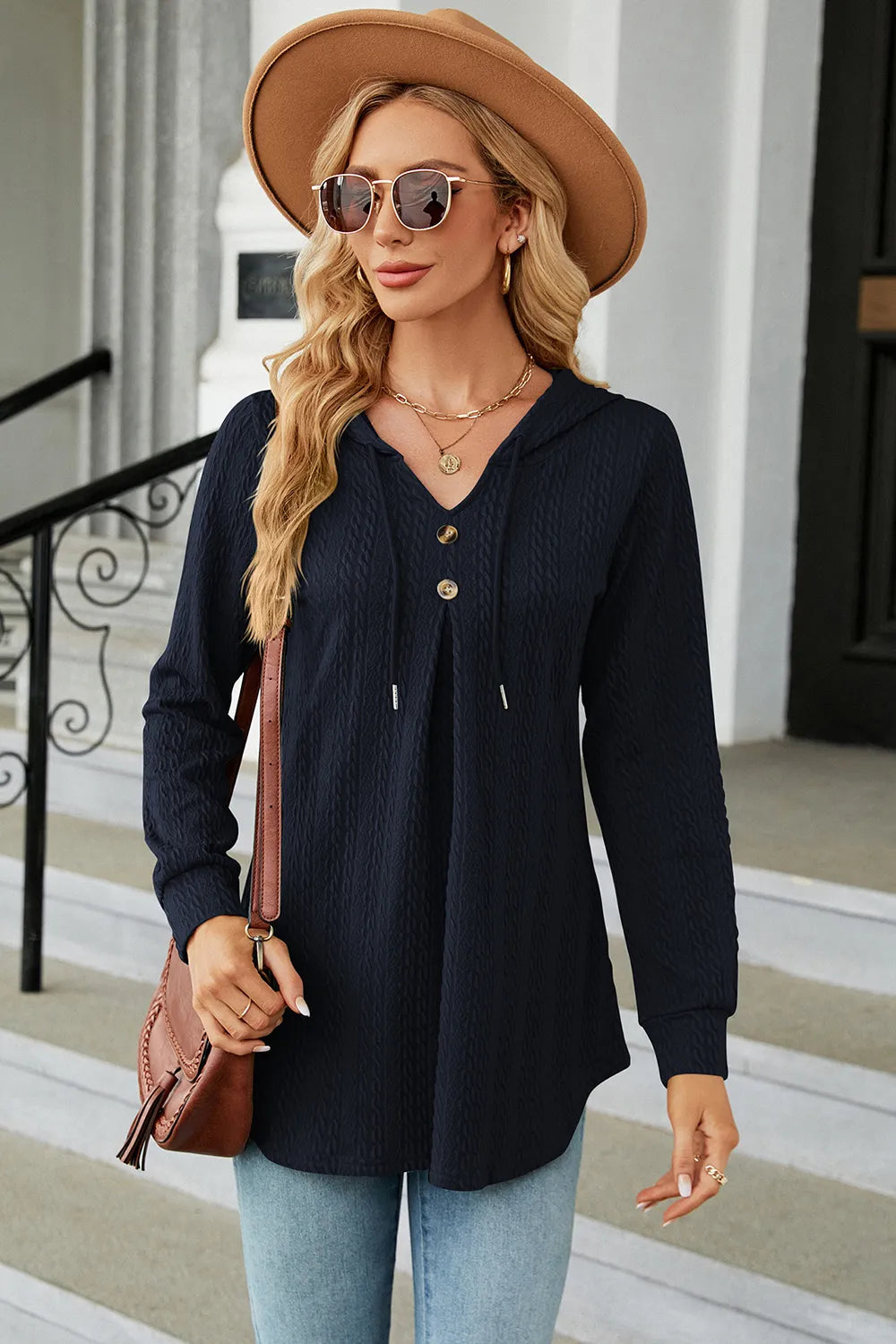 Decorative Button Drawstring Long Sleeve Hoodie (5)