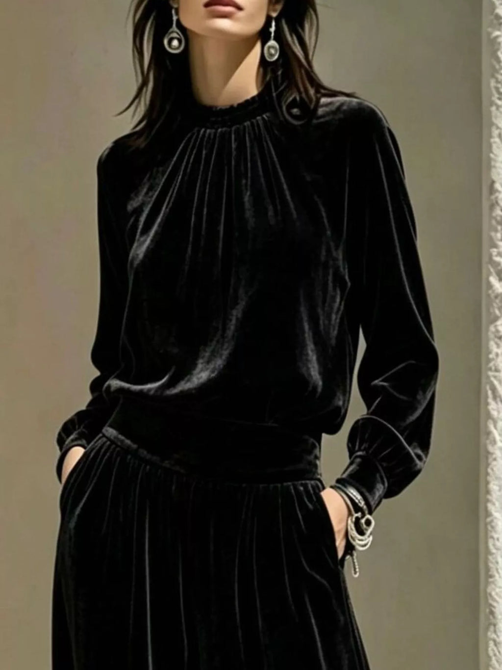 Velvet Mock Neck Long Sleeve Top Wide-leg Pants Set (11)