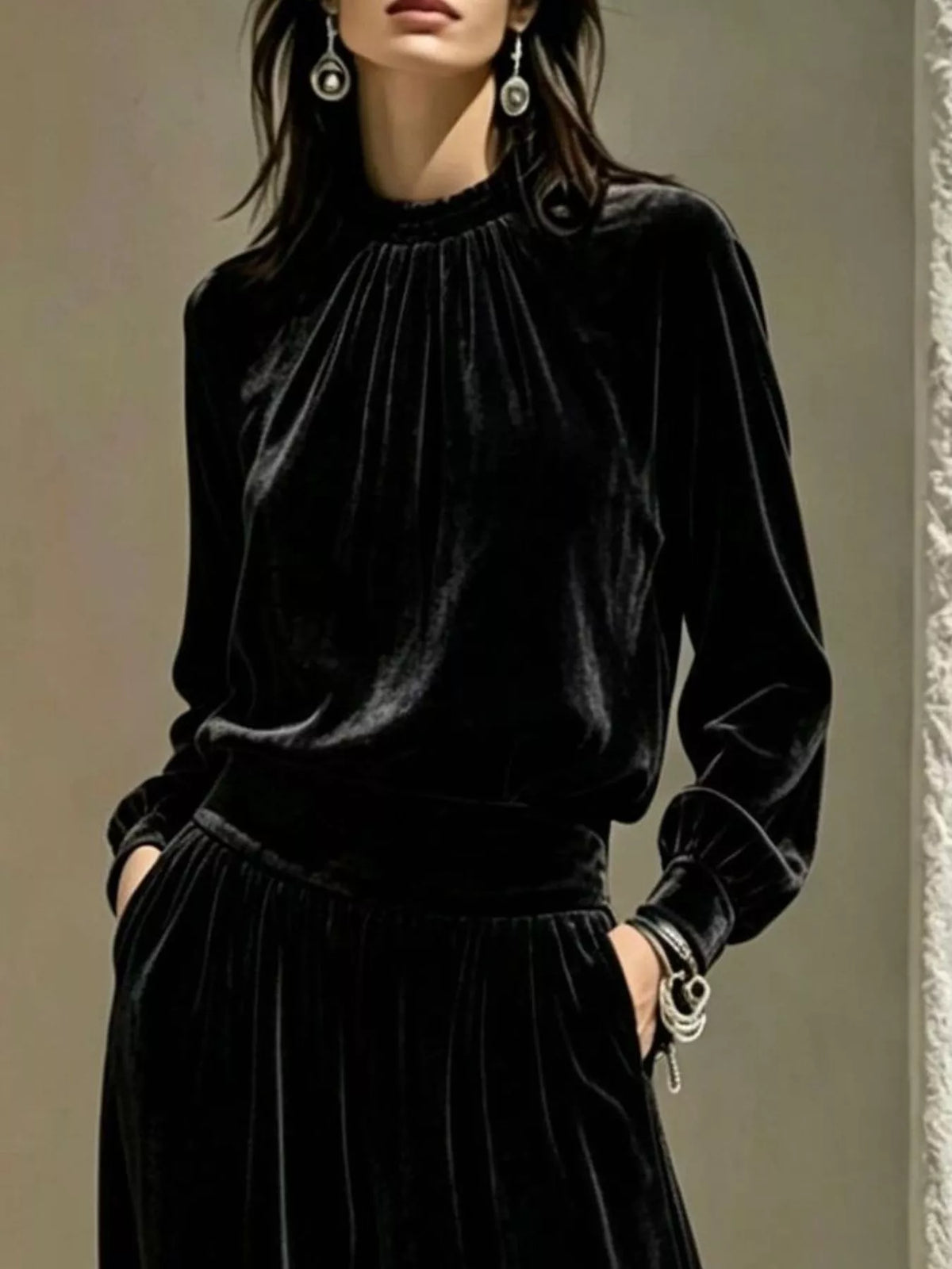 Velvet Mock Neck Long Sleeve Top Wide-leg Pants Set (11)