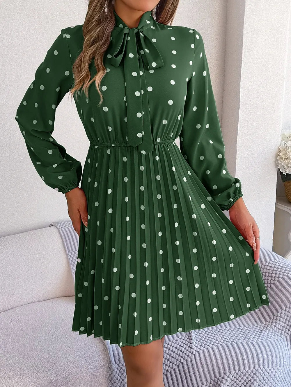 Polka Dot Tie Neck Pleated Dress (22)