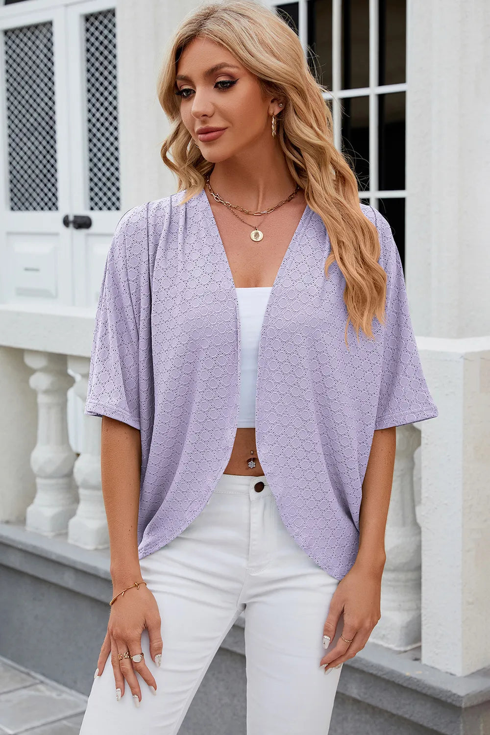 Eyelet Open Front Half Sleeve Cardigan (27)