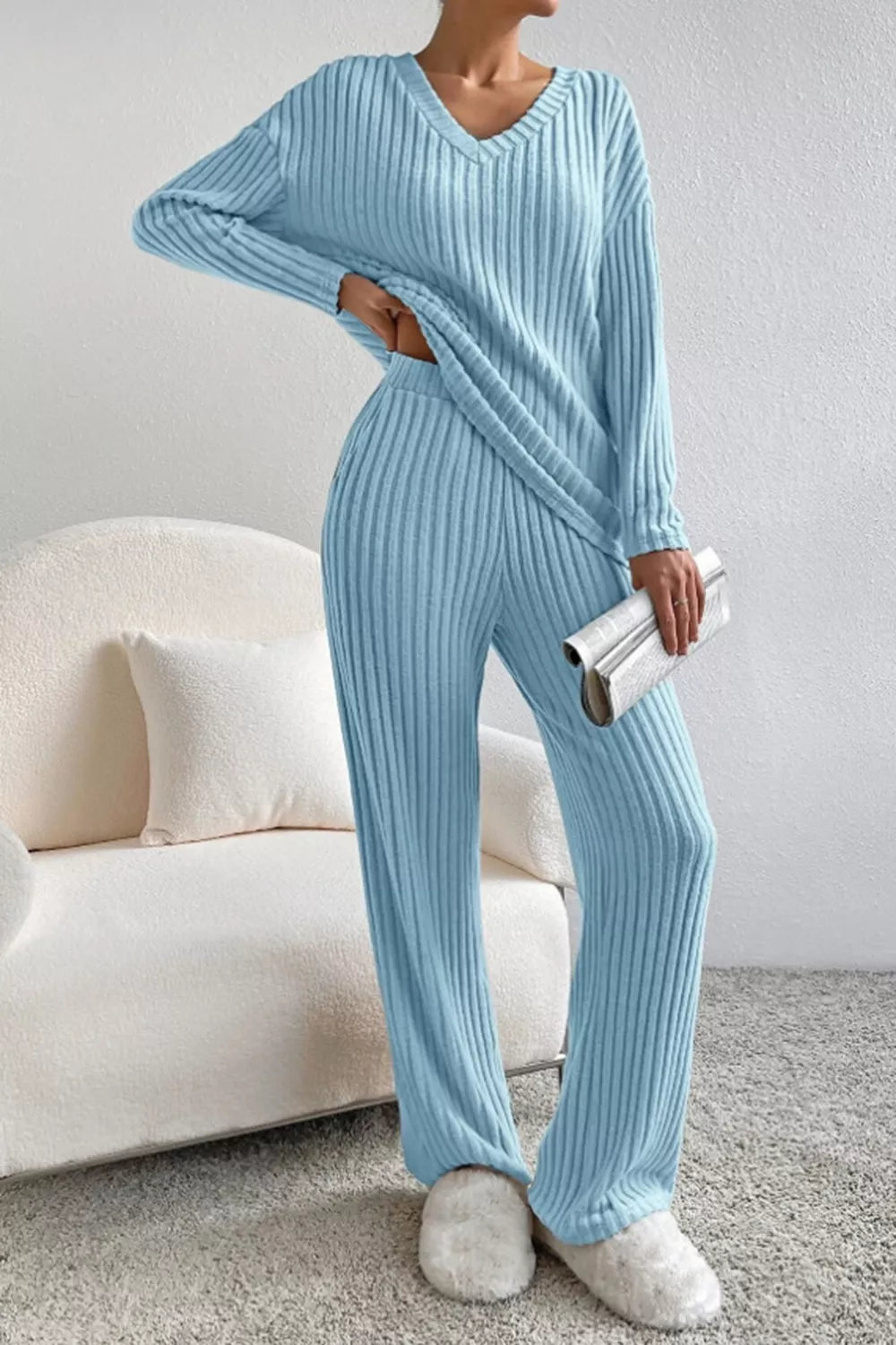 Ribbed V-neck Top Pants Set (14)