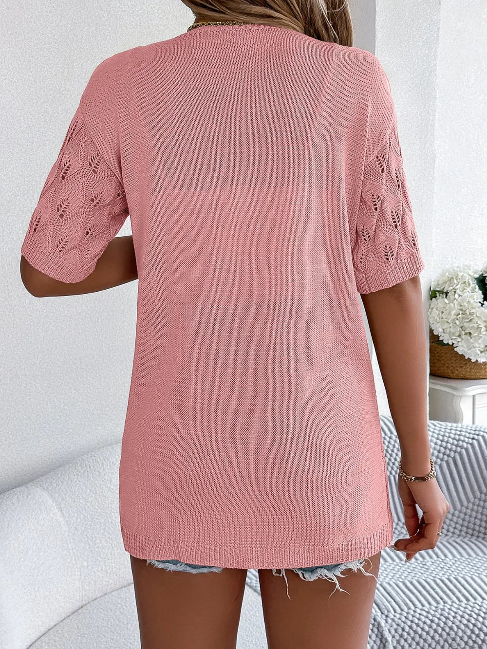 Openwork Open Front Short Sleeve Cardigan (9)
