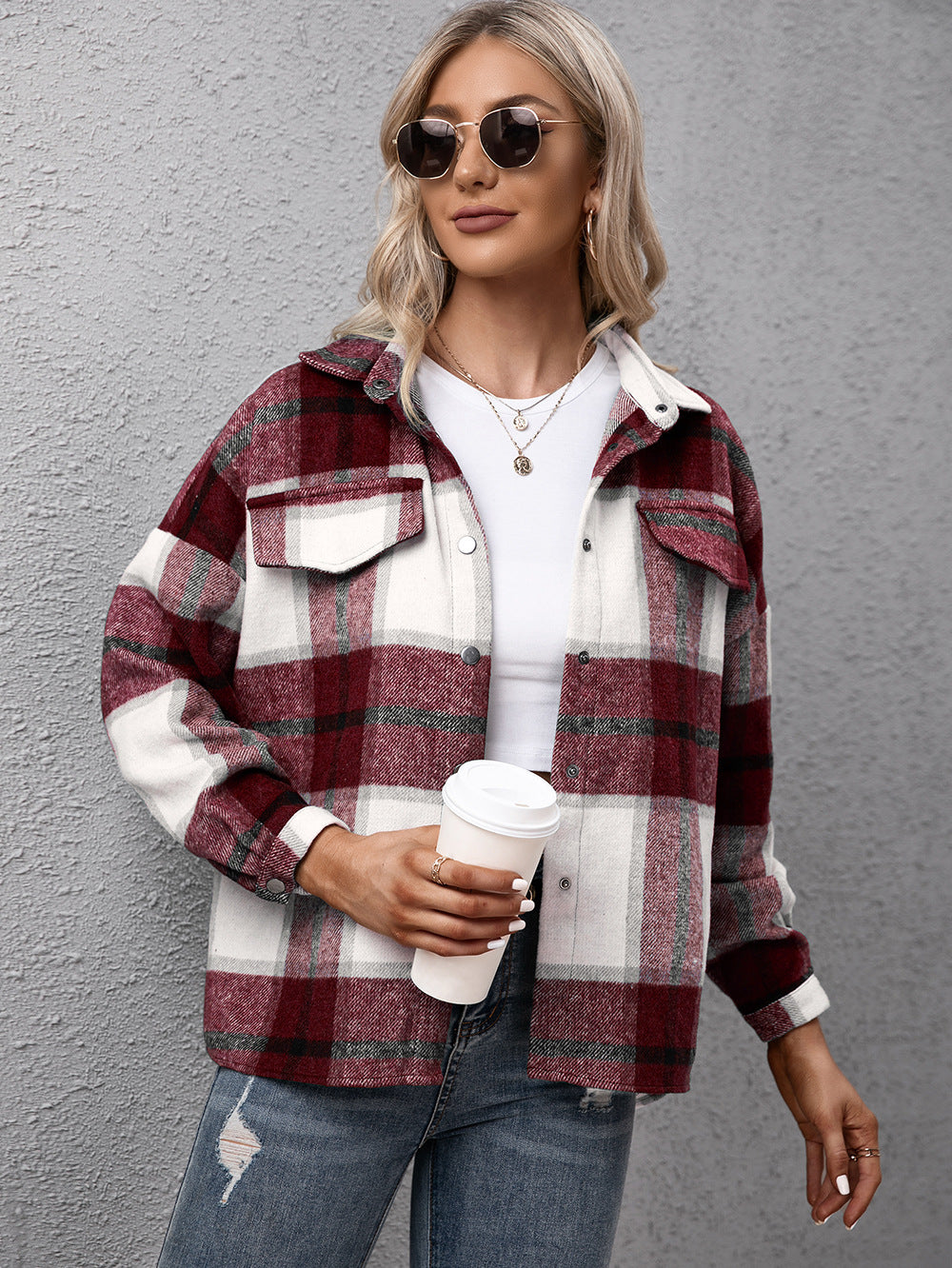 Plaid Long Sleeve Shirt Jacket (8)