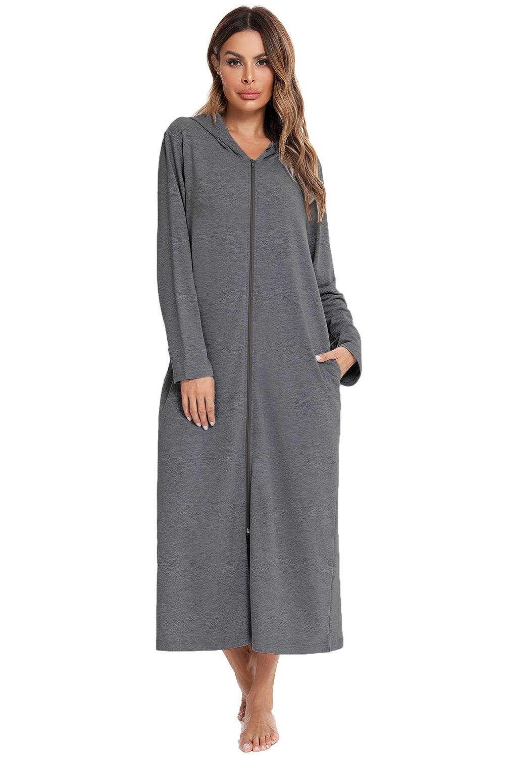 Zip Front Hooded Night Dress Pockets (8)