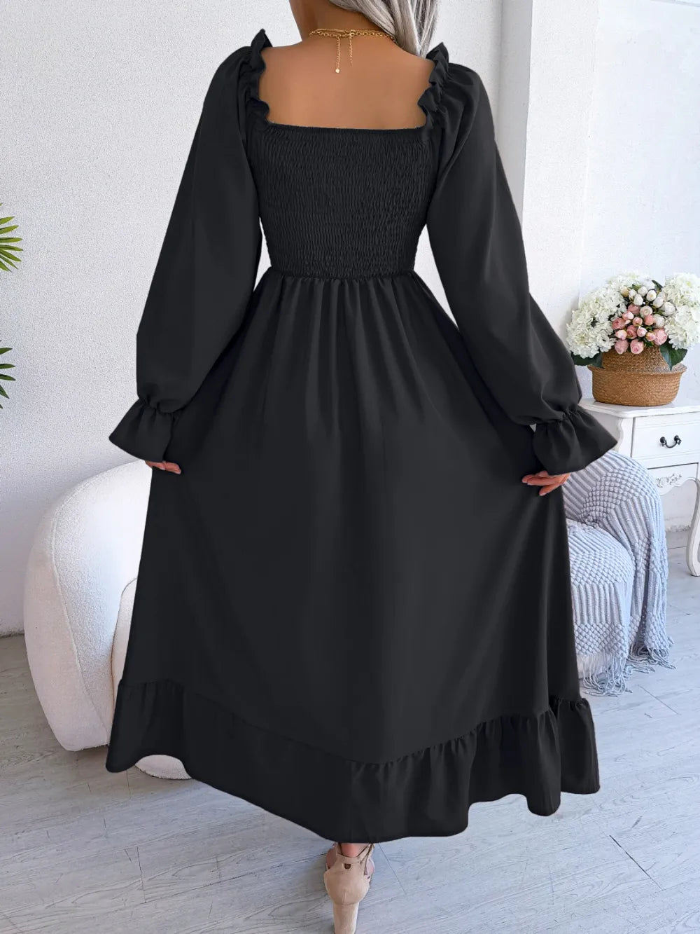 Smocked Square Neck Flounce Sleeve Dress (24)