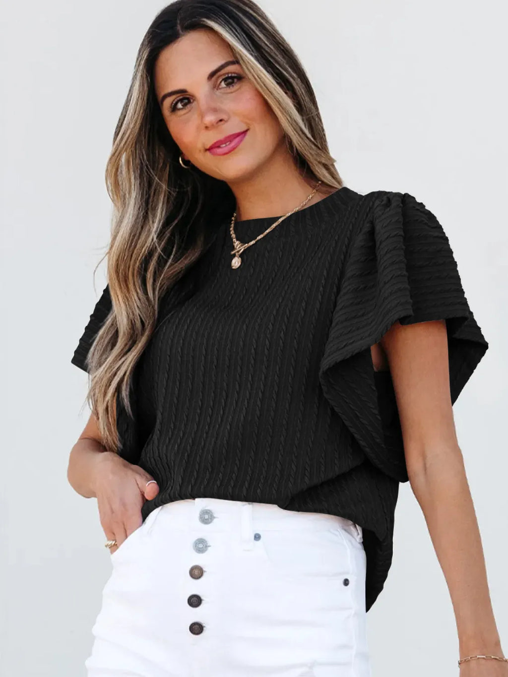 Round Neck Ruffle Sleeve Top (14)