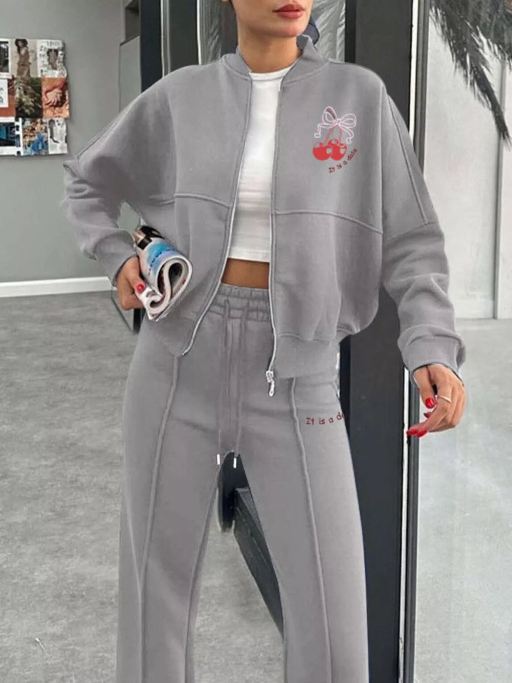Zip Up Dropped Shoulder Outerwear Pants Set (26)