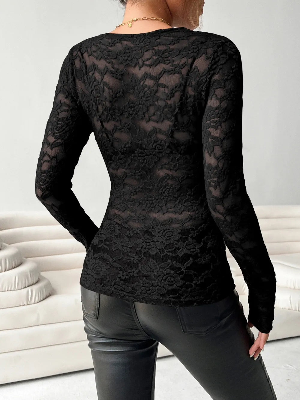 V-neck Long Sleeve Lace Top (2)
