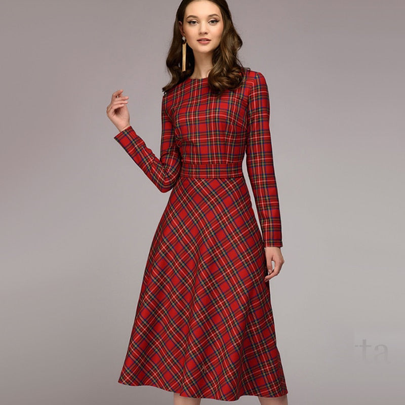 Plaid Elegant Midi Dress variant CJNSSYLY03283-Red-S|CJNSSYLY03283-Red-M|CJNSSYLY03283-Red-XXL|CJNSSYLY03283-Red-L|CJNSSYLY03283-Red-XL