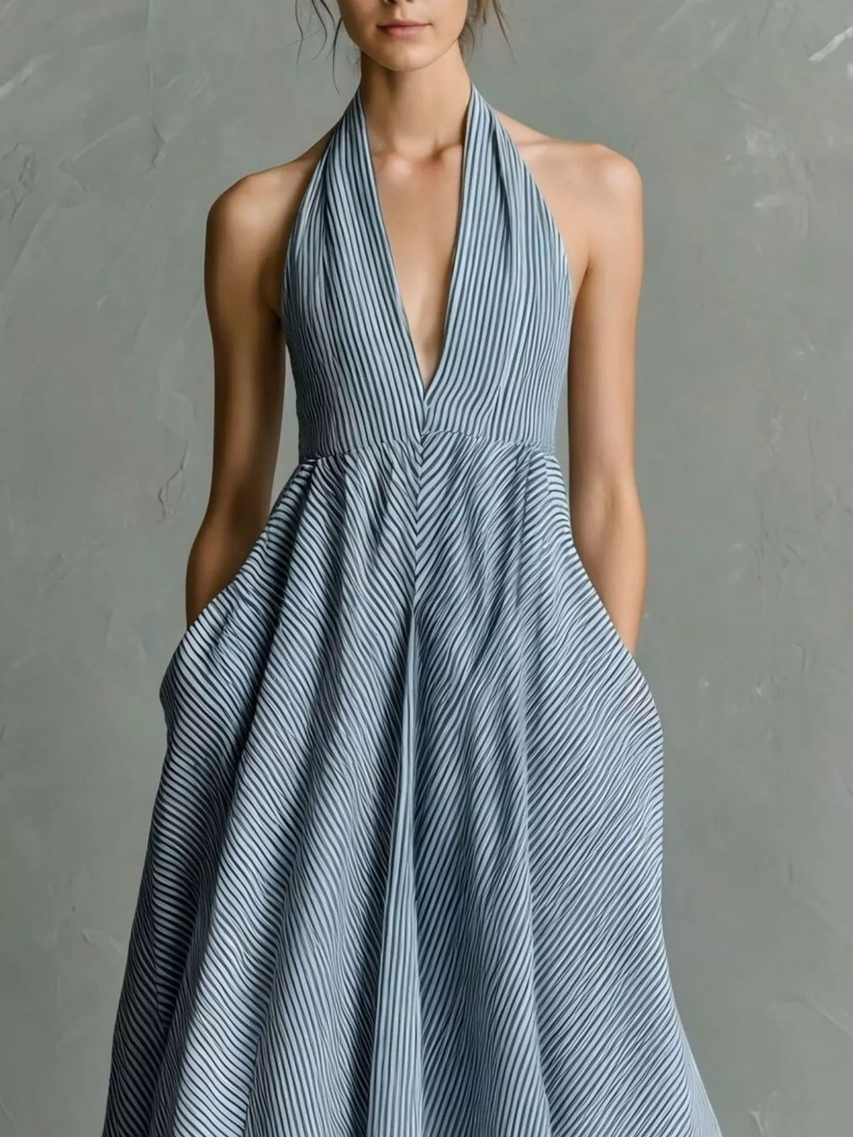 Full Size Striped Halter Neck Maxi Dress Pockets Plus (4)