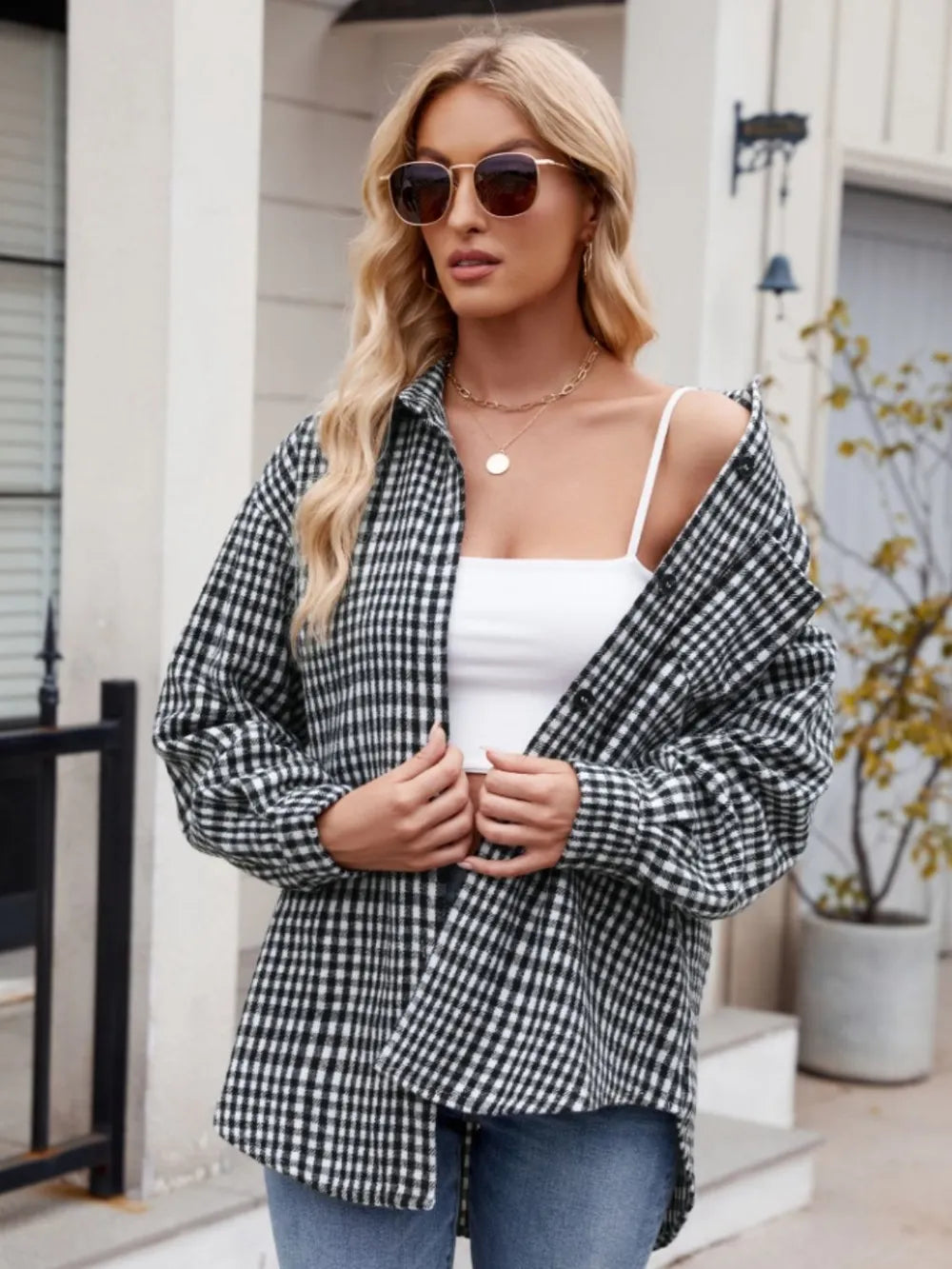Pocketed Plaid Collared Neck Long Sleeve Shirt (2)