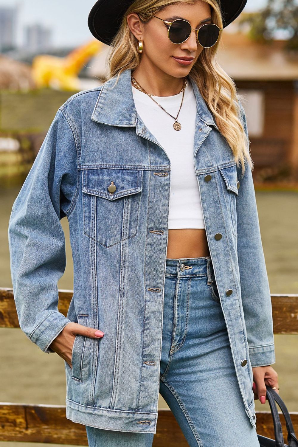 Buttoned Collared Neck Denim Jacket Pockets
