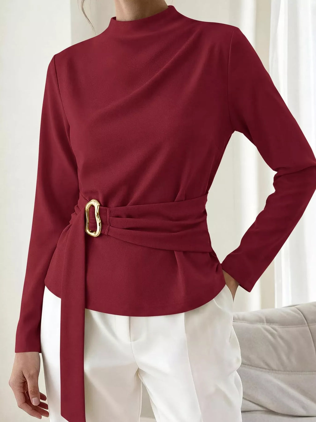 Mock Neck Blouse Waist-defining Metal Buckle Detail (9)