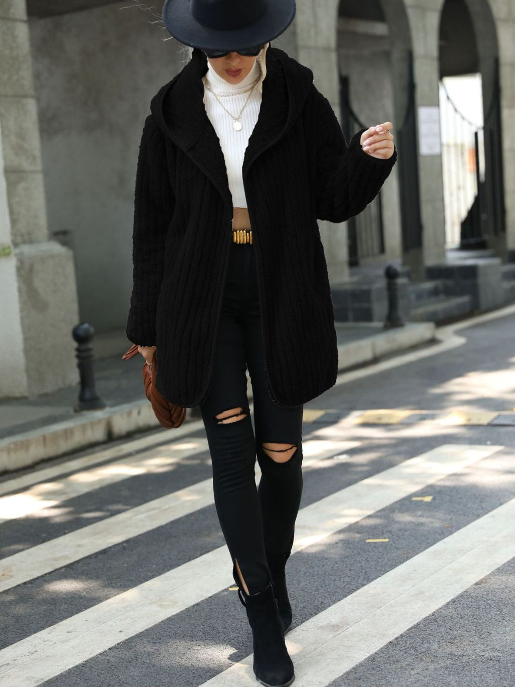 Open Front Ribbed Hooded Coat (9)