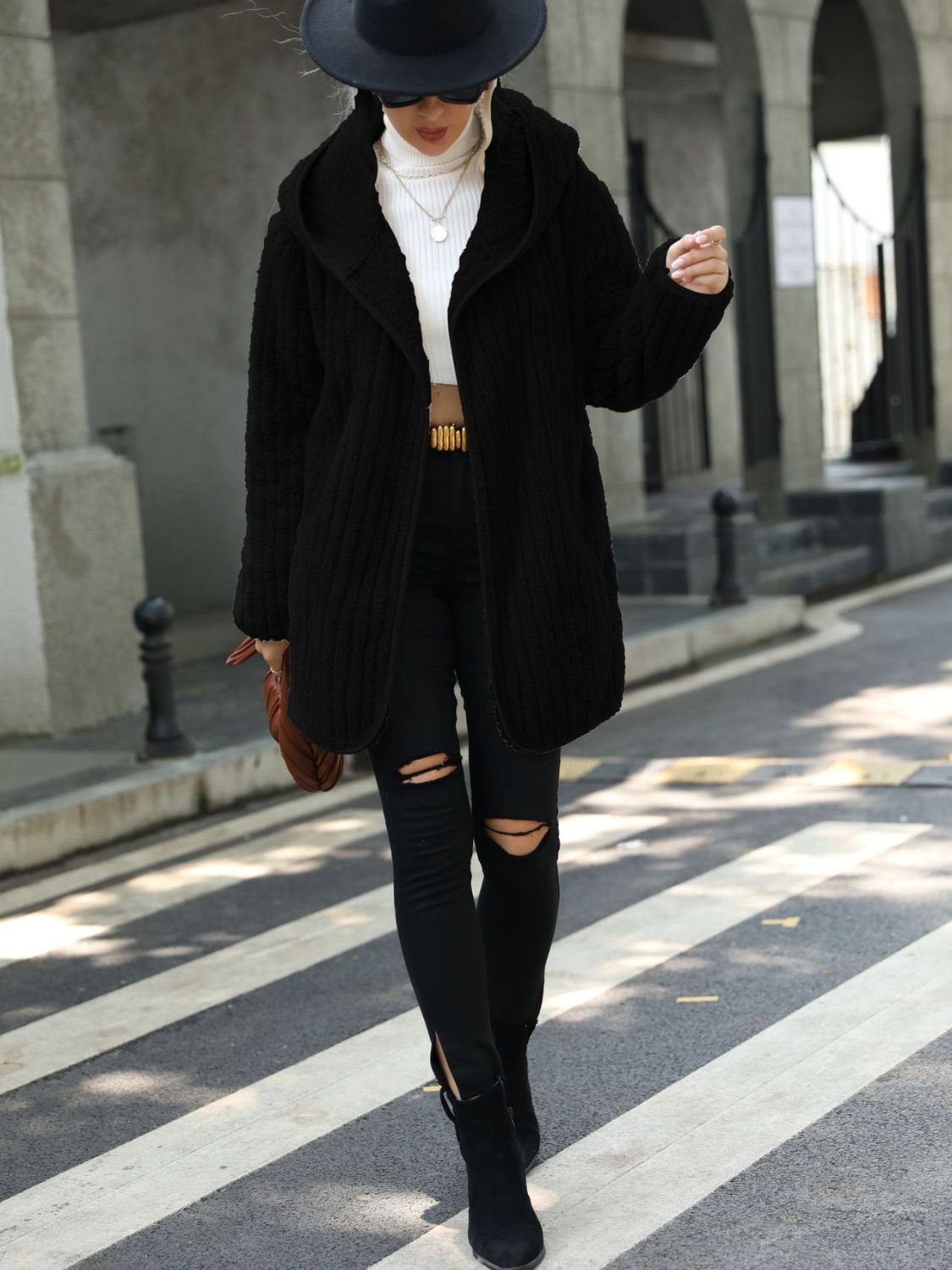 Open Front Ribbed Hooded Coat (9)