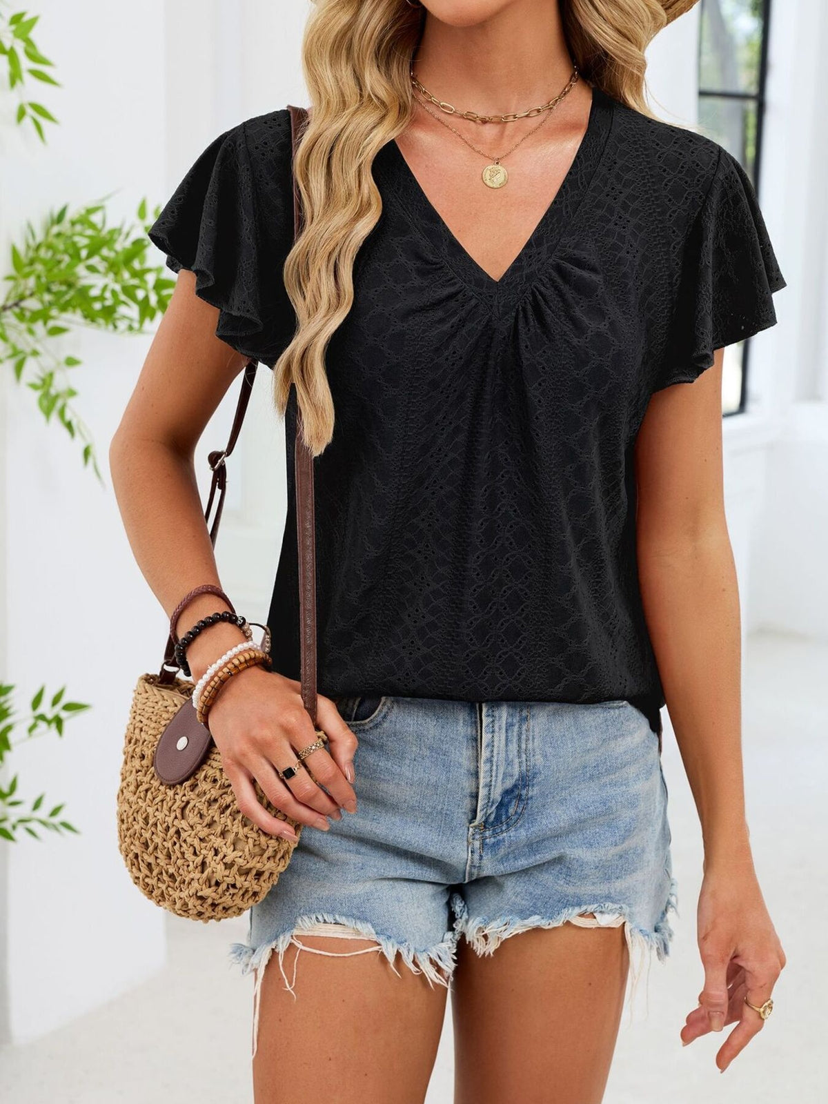 V-neck Flutter Sleeve T-shirt (2)