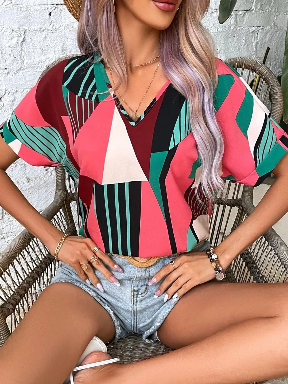 Printed V-neck Short Sleeve Blouse (12)