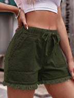 Drawstring Raw Hem Denim Shorts (35)