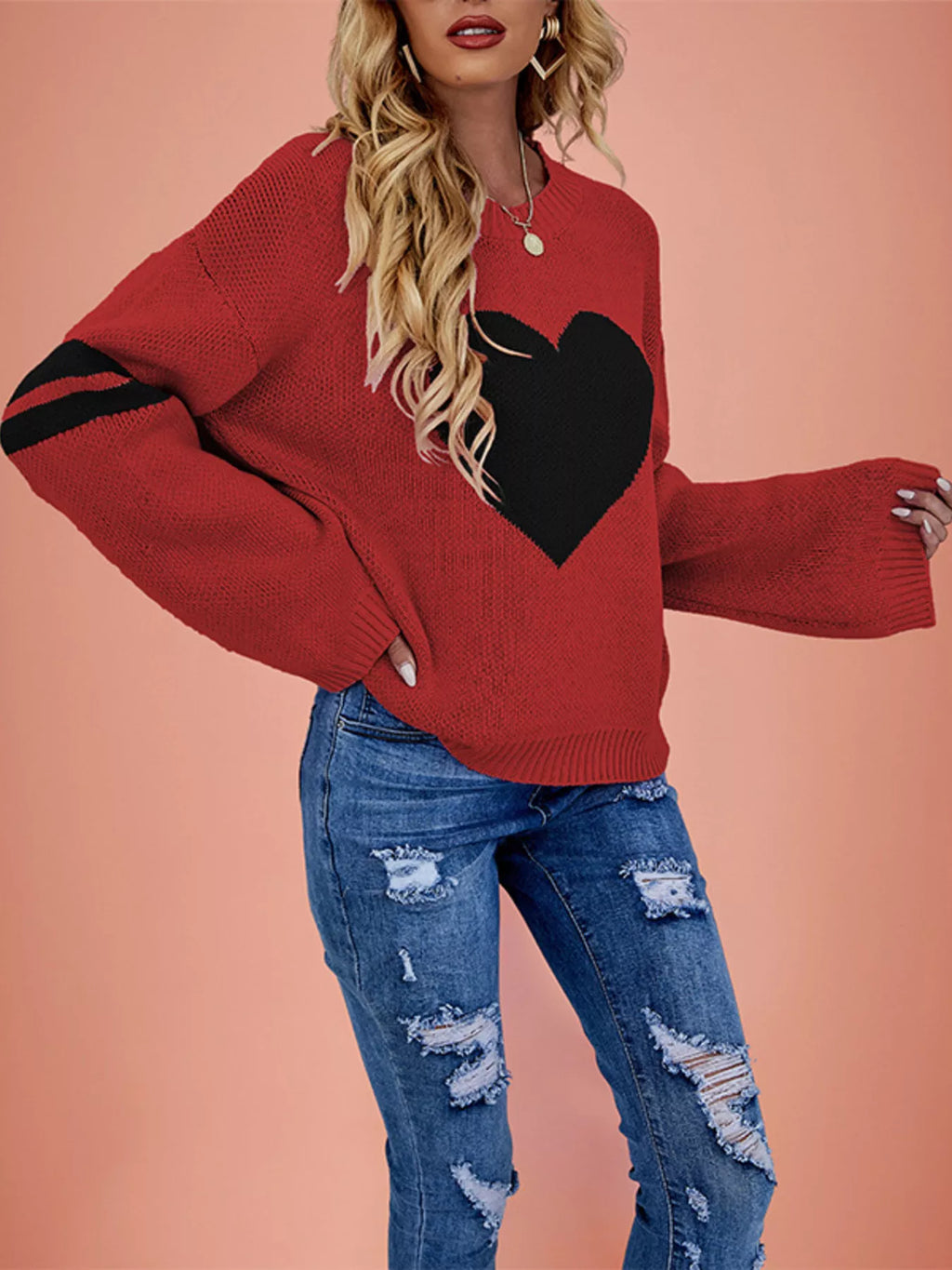 Heart Pattern Dropped Shoulder Sweater (6)