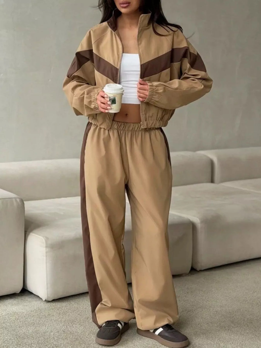 Block Zip Up Outerwear Pants Set (2)