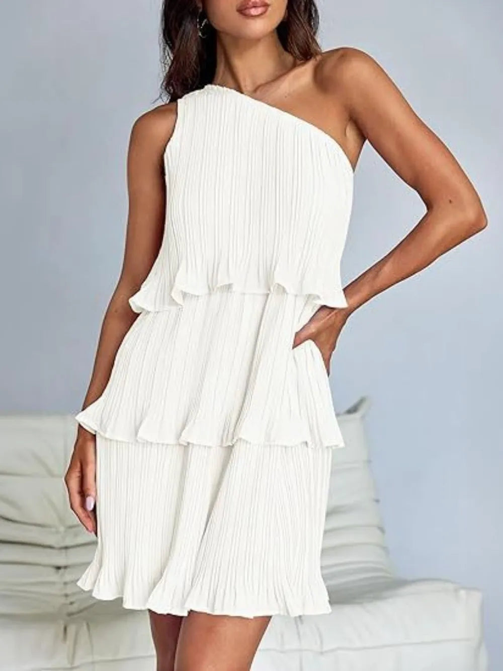 Layered Single Shoulder Mini Dress (24)