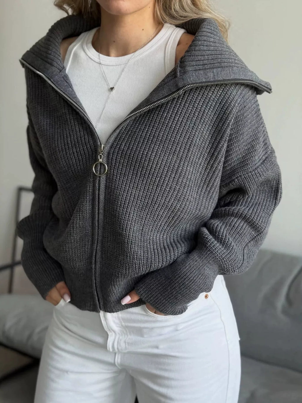Zip Up Dropped Shoulder Cardigan (4)