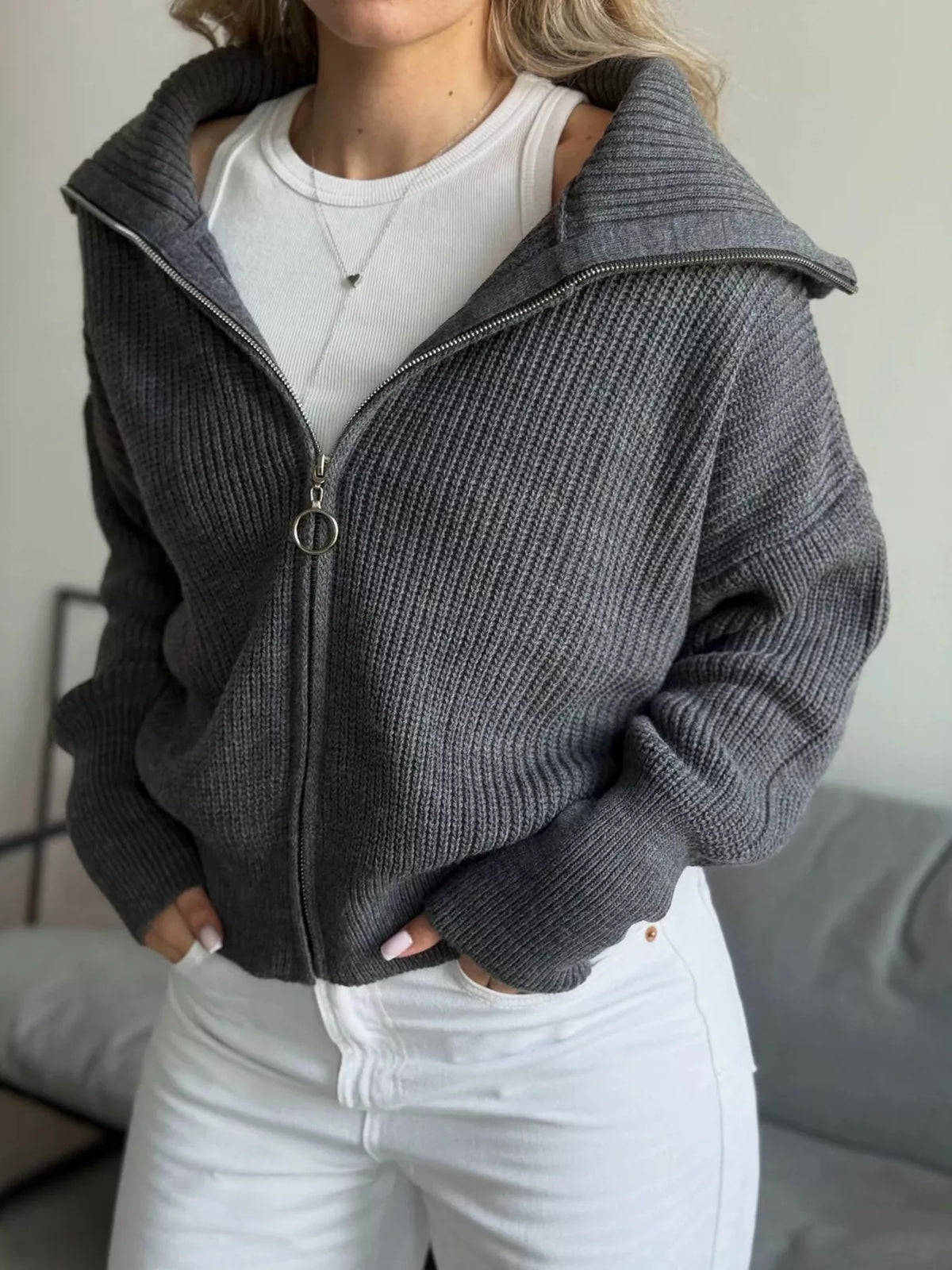 Zip Up Dropped Shoulder Cardigan (4)