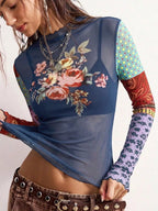 Floral Print Mesh Mock Neck Long Sleeve Top (11)