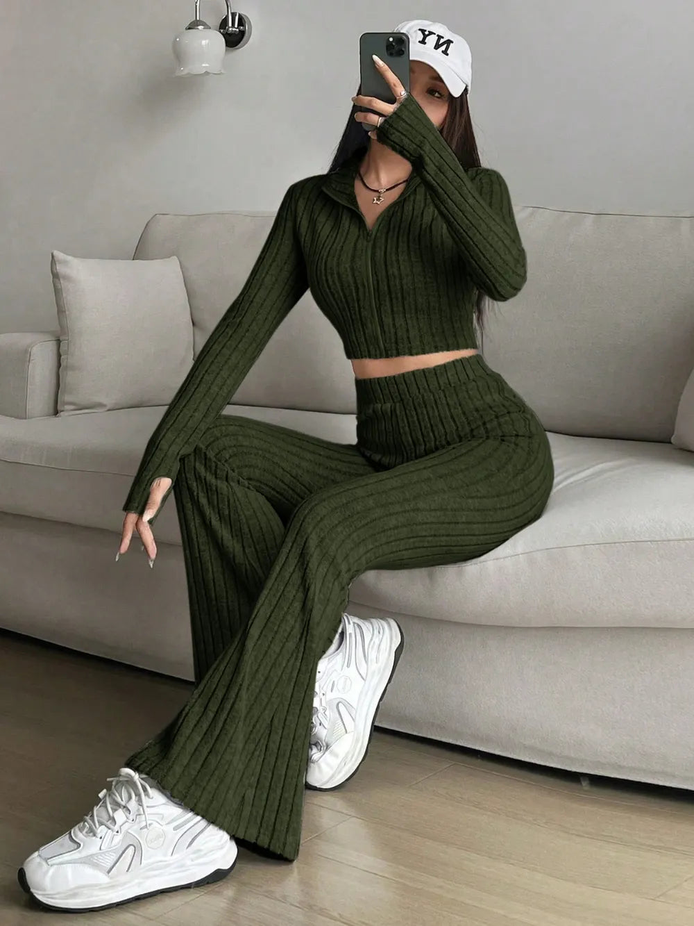 Zip Up Long Sleeve Top Pants Set (12)
