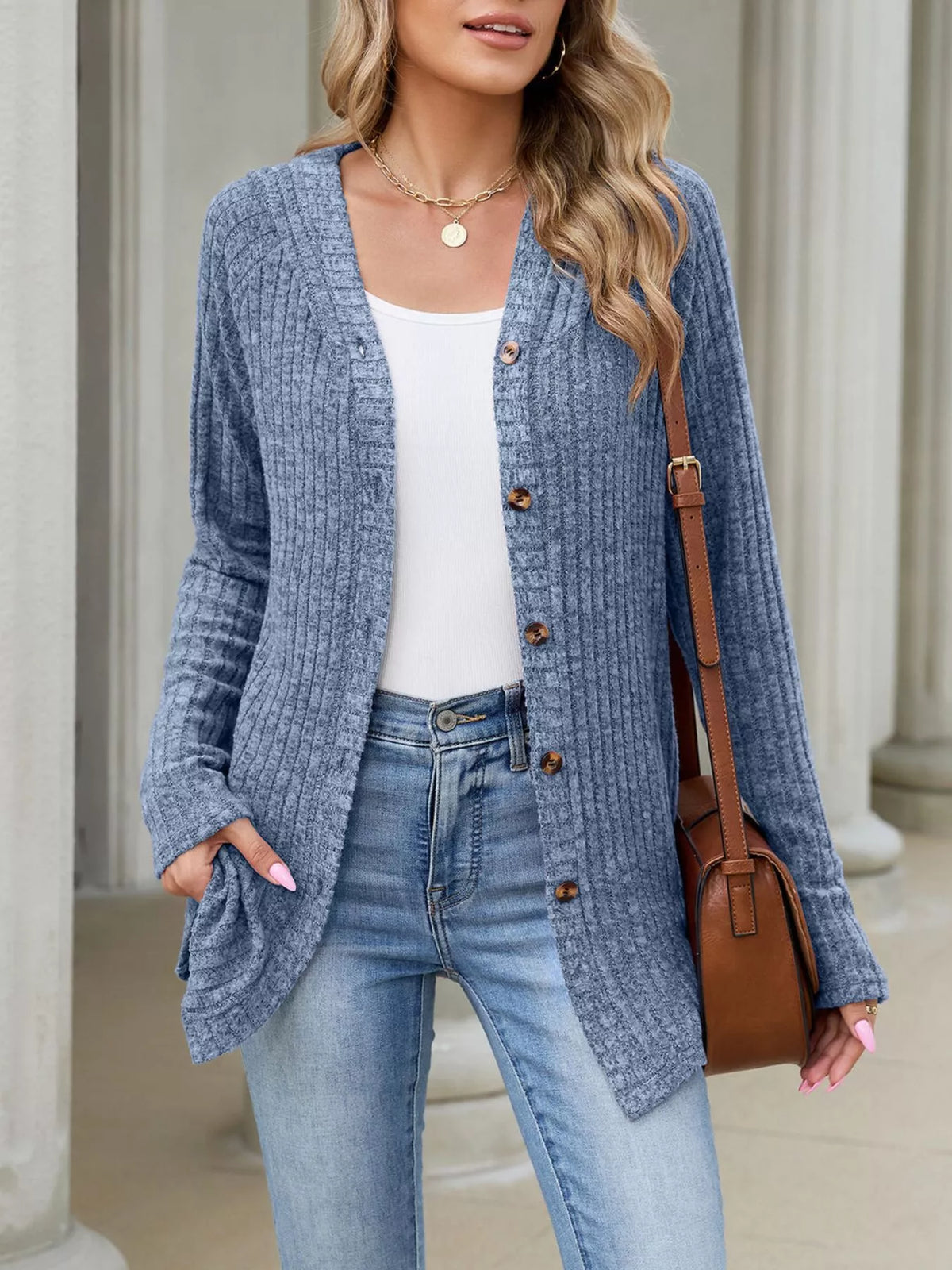 Ribbed Knit Hooded Button-down Cardigan (23)