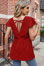 Tied Ruffled Round Neck Peplum T-shirt (2)
