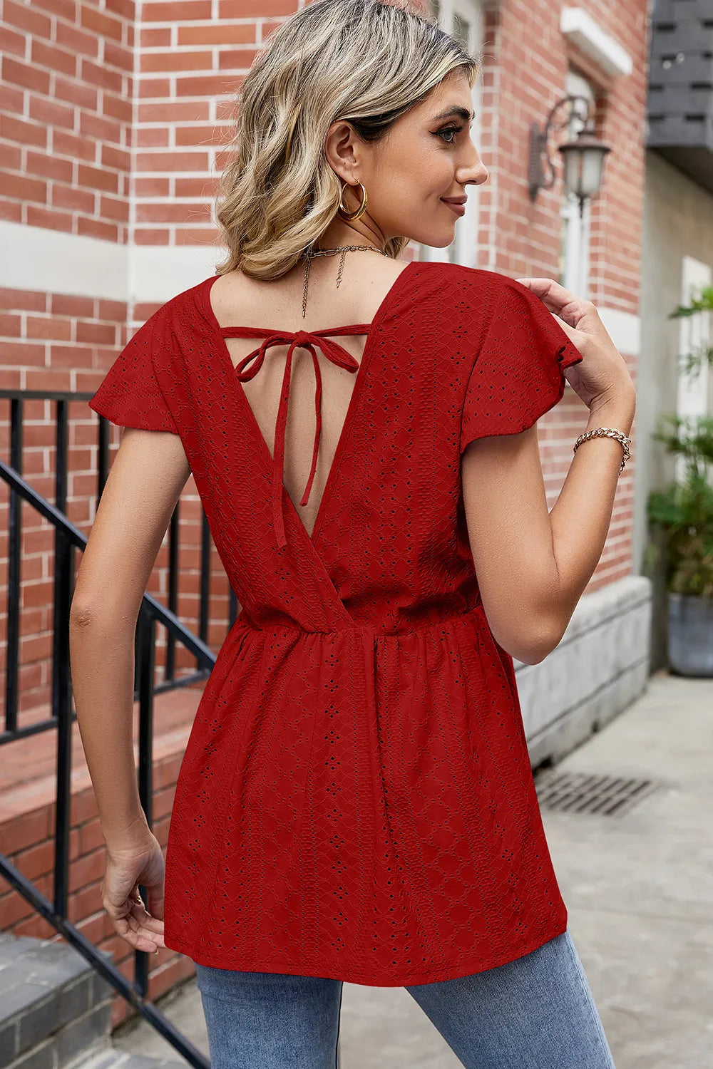 Tied Ruffled Round Neck Peplum T-shirt (2)