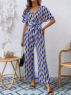 Printed Surplice Tie Waist Short Sleeve Jumpsuit (10)