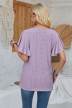 Eyelet Applique V-neck Cap Sleeve T-shirt (32)