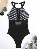 Mesh Detail Backless Striped One-piece Swimsuit (8)