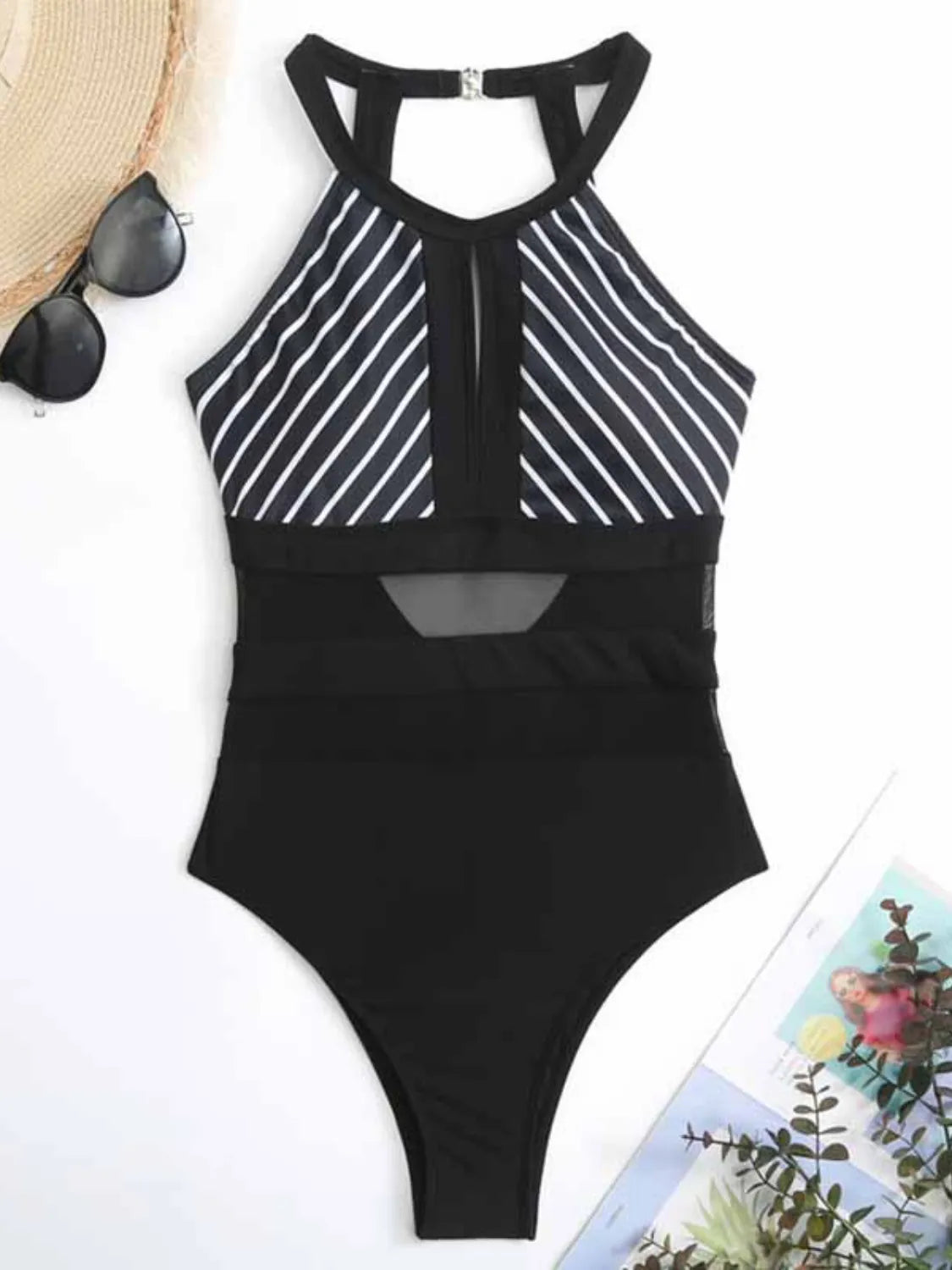 Mesh Detail Backless Striped One-piece Swimsuit (8)
