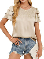 Smocked Round Neck Ruffled Layered Sleeve Blouse (5)