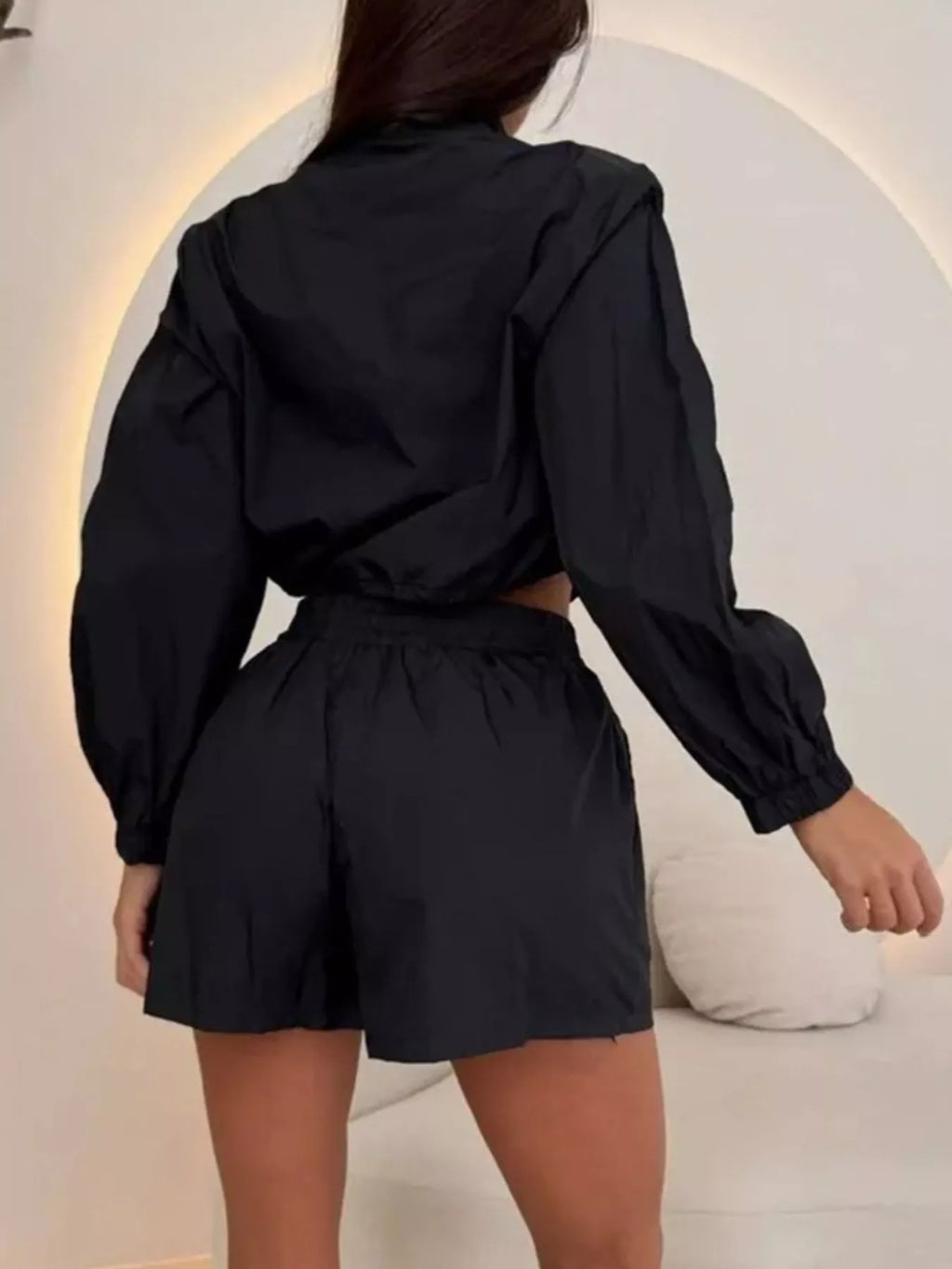 Zip-up Crop Jacket High-waisted Shorts Set (11)